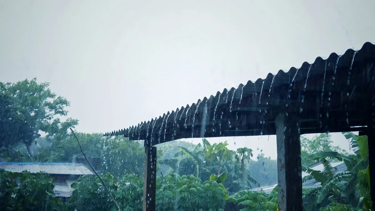 Monsoon rain pouring off a tin roof